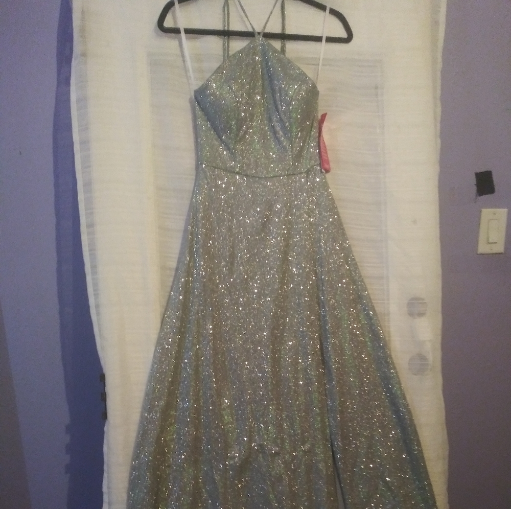 B. Darlin Sleeveless Y-Neck Shimmer Long Dress